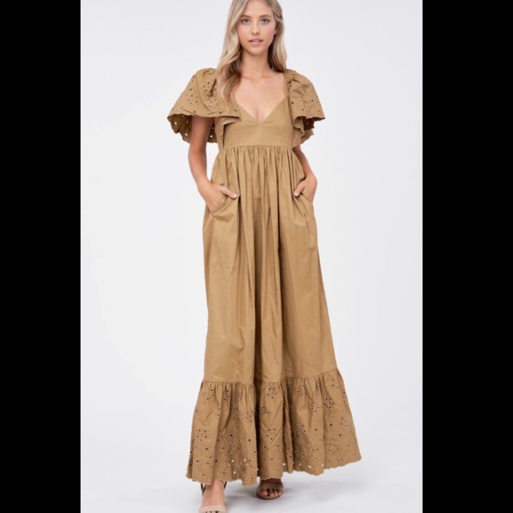 En Saison Eyelet Detail Flutter Sleeve Poplin Maxi